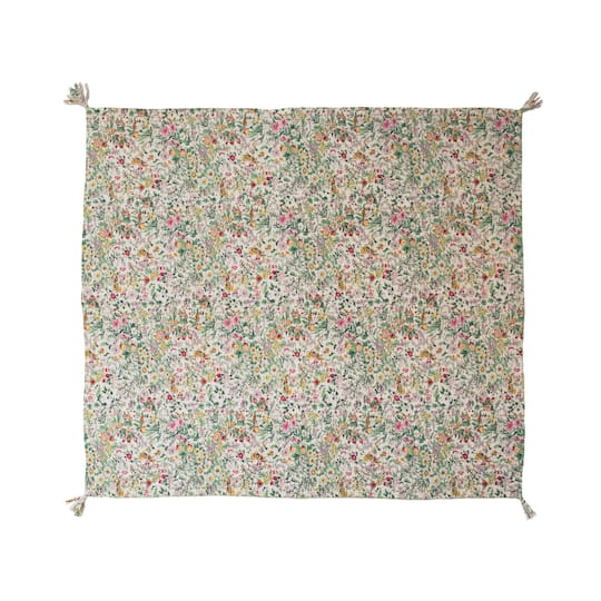 Quilted Floral Cotton Throw with Tassels